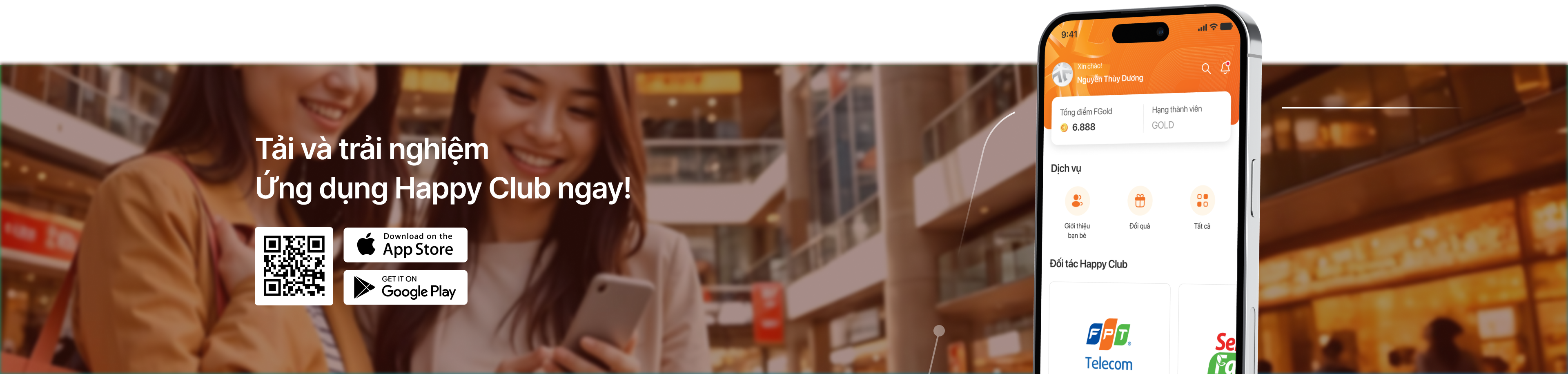 Happy Club app download section with people shopping and phone mockup